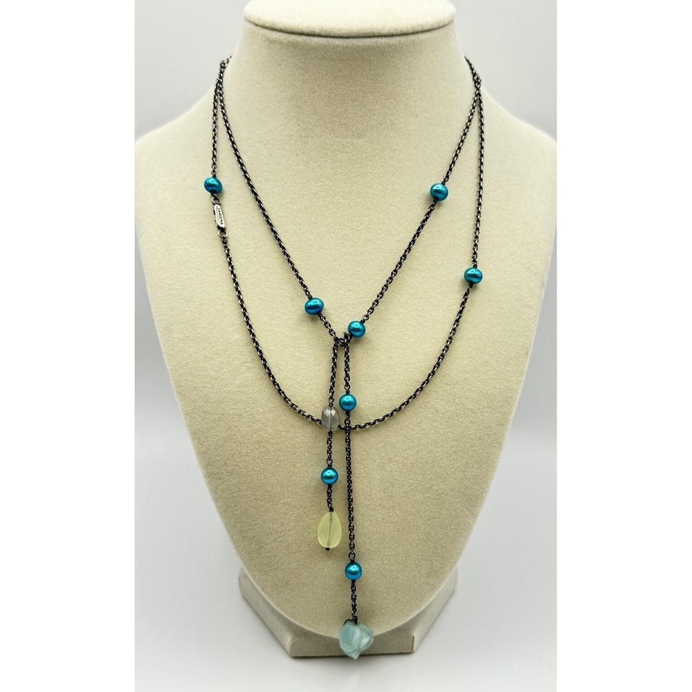 Pandora Teal Pearl Station Rose Lariat Necklace 925 Oxidized Silver Retired Rare